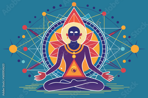 Meditative figure in colorful abstract design representing spirituality and inner peace