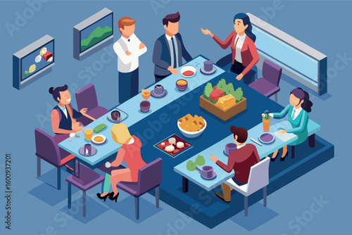 Team gathering in a modern dining space for discussion and food during a lunchtime meeting