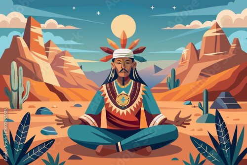 Meditative figure in traditional attire surrounded by desert landscape at sunset with majestic mountains in the background