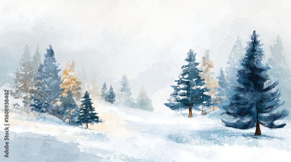 Fototapeta premium Winter background vector. Hand painted watercolor drawing for Christmas a nd Happy New Year season. Background design for invitation, cards, social post, ad, cover, sale banner and invitation., no lo