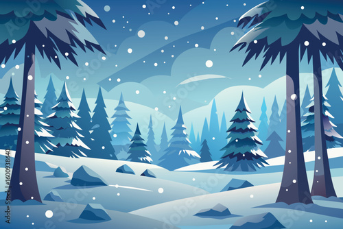 Snowy winter landscape featuring conifer trees and gentle snowfall in a serene mountainside setting