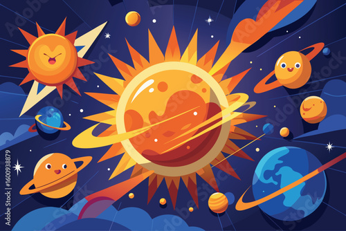 Bright cosmic scene featuring sun, planets, and stars in a vibrant galaxy at night