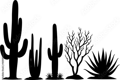 Desert & Tropical Plant Silhouette Set – Cactus, Palm Tree, and Succulent Icons vector bundle