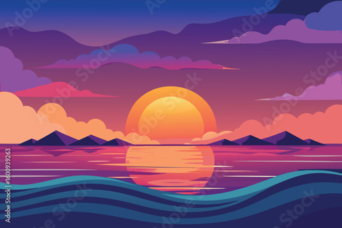 Vibrant sunset over tranquil ocean waters with silhouettes of distant mountains and colorful clouds