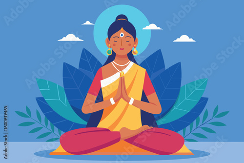 Meditating woman in traditional attire surrounded by leaves on a serene background during daytime