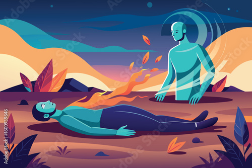 Imaginary encounter between a spirit and a soul in a serene landscape at twilight