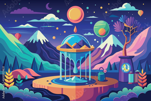 Colorful surreal landscape featuring mountains, a fountain, and celestial elements in a vibrant night sky