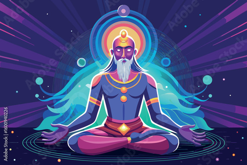 Colorful depiction of a meditative figure with cosmic elements in a tranquil setting at night