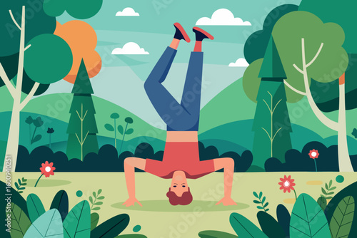 Person practicing a handstand in a lush green forest on a sunny day surrounded by trees and flowers