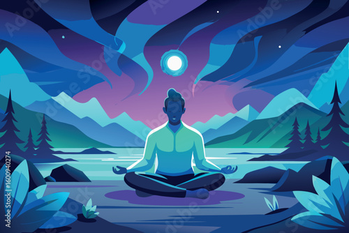 Wallpaper Mural Meditation practice under a full moon in a serene mountain landscape at night with colorful sky and calm water Torontodigital.ca