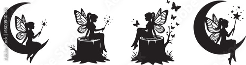 Black silhouette fairy with wings on crescent moon and tree stump, fairy, silhouette, black, white, moon, crescent, sitting, wings, butterfly, butterflies, magic, wand, star, stars, stump, tree, natur