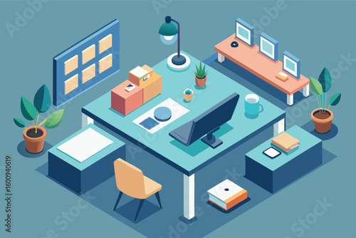 Creative workspace with plant life and technology in a modern office setting