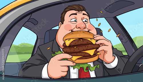 Funny illustration of a businessman eating a large burger in a car, humorous moment