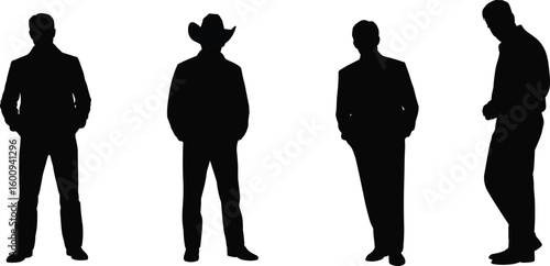 Silhouette of men in various standing poses, cowboy hat, casual and formal wear, leaning posture, western fashion, confident stance