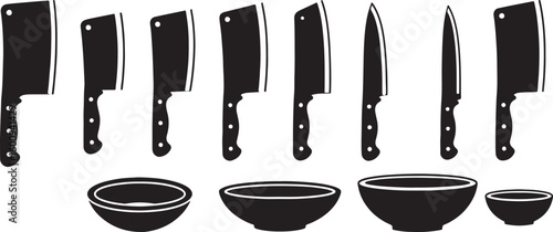 Black silhouette of kitchen knives and bowls on white background, kitchen knives, cleaver, chef knife, paring knife, utility knife, santoku knife, butcher knife, kitchenware, bowls, cooking, food prep