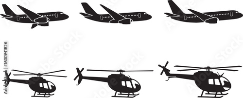 Black silhouette of airplanes and helicopters on white background, airplane, aircraft, helicopter, aviation, transport, travel, flight, silhouette, black and white, flying, vehicle, rotorcraft, jet, p