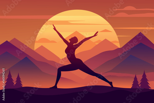 Yoga practice at sunset in the mountains with a silhouette of a person in a warrior pose