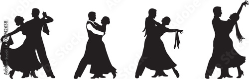 Black silhouettes of couples dancing ballroom waltz, ballroom dancing, waltz, dance, couple, silhouette, black and white, elegance, romance, movement, partnership, formal wear, dress, suit, white back