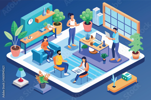 Modern workspace filled with plants and diverse individuals collaborating on projects in a vibrant setting