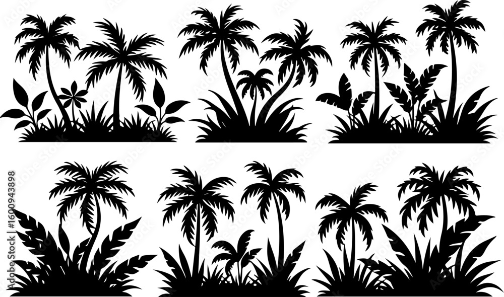 Fototapeta premium Desert & Tropical Plant Silhouette Set – Cactus, Palm Tree, and Succulent Icons vector bundle