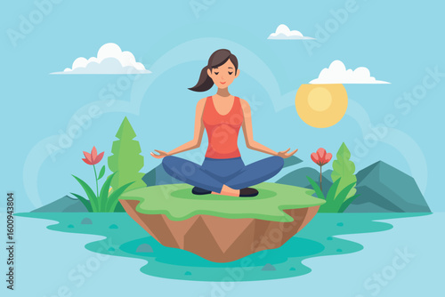 Woman practicing meditation on a serene island surrounded by flowers and mountains under a clear sky