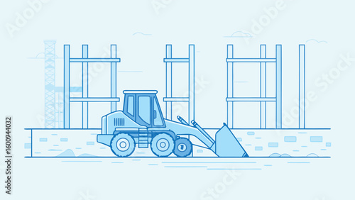 A light blue loader is shown in front of a building under construction with a light blue background