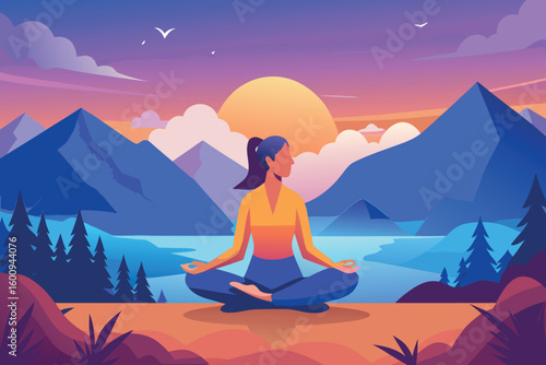 Serene meditation at sunset near tranquil lake surrounded by mountains and forests in a calming evening atmosphere