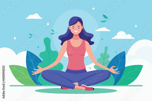 Woman practicing meditation outdoors surrounded by greenery on a sunny day