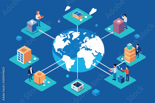 Global network of individuals collaborating on projects with technology and resources in a digital landscape