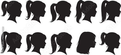 Diverse female silhouettes with various hairstyles in profile, silhouette, female, woman, girl, profile, head, face, hair, hairstyle, ponytail, long hair, short hair, bangs, diverse, variety, collecti