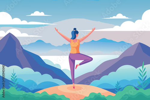 Woman practicing yoga on a mountain top with a scenic view during daylight