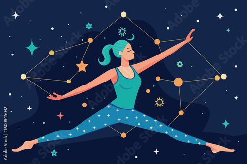 Woman practicing yoga poses surrounded by a cosmic starry background during night time