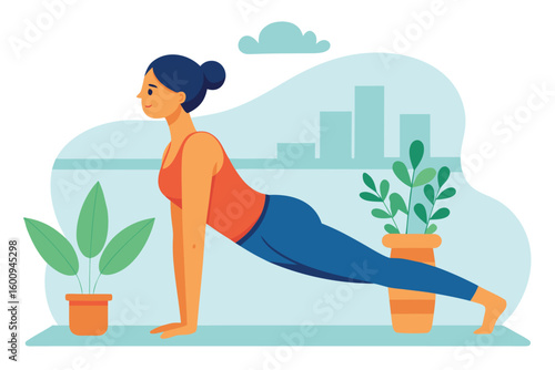 Woman practicing yoga pose indoors with plants and a city view in the background during the day