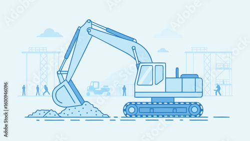 Illustration of a construction site with an excavator, workers, and buildings in light blue tones