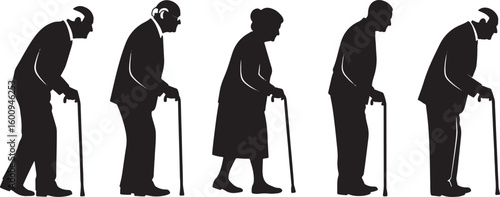 Five black silhouettes of elderly people with canes, elderly people, old age, seniors, canes, walking sticks, silhouettes, black and white, aging process, progression, life stages, different ages, men