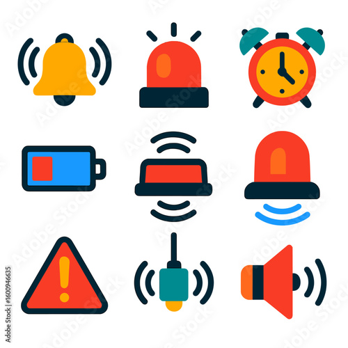Colorful Alert Icons. Flat vector icons of sound alerts: bell with waves, emergency buzzer, alarm clock ringing. low battery beep,
