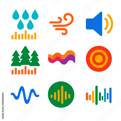 Vivid Environmental Sound Icons. Flat vector icons of ambient sound signals: rain sound wave, wind noise icon, forest audio symbol