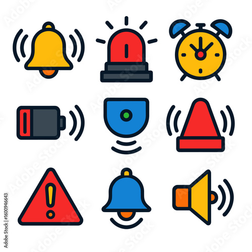 Colorful Alert Icons. Flat vector icons of sound alerts: bell with waves, emergency buzzer, alarm clock ringing. low battery beep,