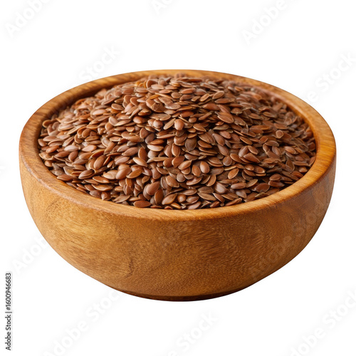 Wooden bowl filled with healthy brown flax seeds isolated on transparent background