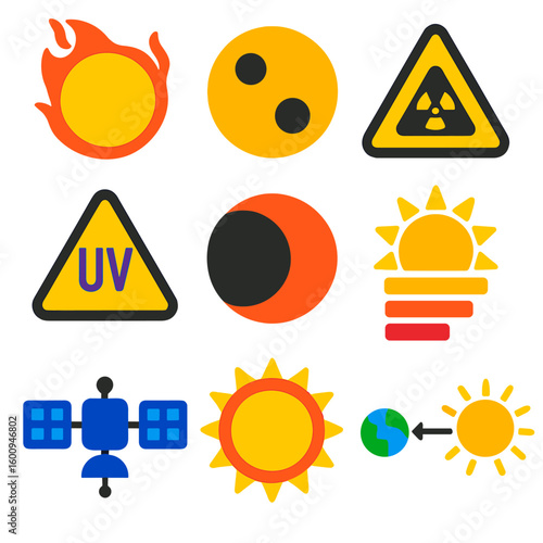 Solar Weather Icons. Flat vector icons of solar weather: solar flare, sunspot, solar radiation warning, ultraviolet alert, solar