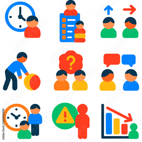 Teamwork Challenge Icons. Flat vector icons of teamwork challenges: time pressure, overloaded task list, conflicting priorities,