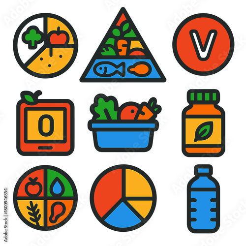 Colorful Nutrition Icons. Flat vector icons of nutrition and health: balanced plate, food pyramid, vitamin icon, calorie counter,