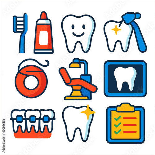 Dental Health Icons. Flat vector icons of dental health: toothbrush and paste, dental floss, smiling tooth, cavity treatment,