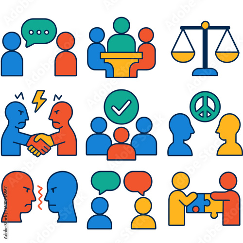 Conflict Resolution Icons. Flat vector icons of conflict resolution: calm conversation, mediation figure, balanced scale,