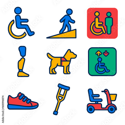 Accessibility Icon Set. Flat vector icons of mobility aids and accessibility: wheelchair icon, accessibility ramp, accessible
