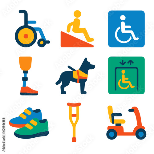 Accessibility Icon Set. Flat vector icons of mobility aids and accessibility: wheelchair icon, accessibility ramp, accessible