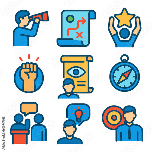 Leadership Vision Icons. Flat vector icons of leadership and vision: person with telescope, strategic roadmap, motivation star,