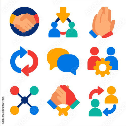 Bright Cooperation Icons. Flat vector icons of cooperation and interaction: handshake circle, shared decision icon, mutual respect