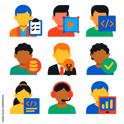 Project Team Icons. Flat vector icons of project collaboration roles: project manager, UI/UX designer, frontend developer, backend