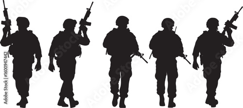 Five Black Silhouettes of Soldiers Holding Rifles military, soldier, military, army, silhouette, rifle, gun, weapon, combat, warrior, armed, uniform, helmet, tactical, gear, standing, group, team, act